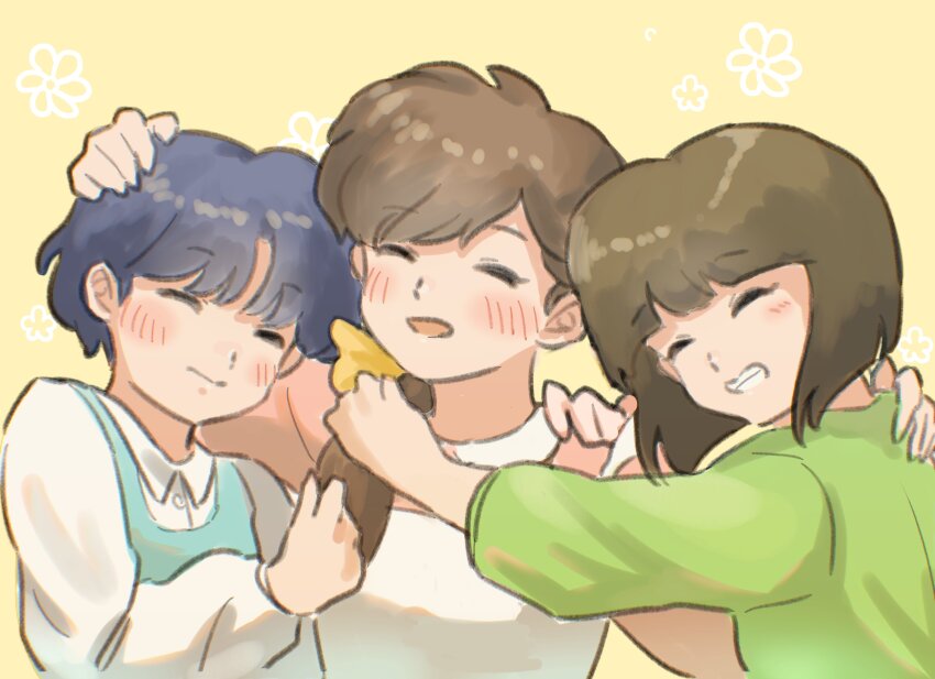 3girls absurdres blue_hair blush bow brown_hair closed_eyes fuurinkan_high_school_uniform hair_bow happy highres multiple_girls open_mouth ranma_1/2 school_uniform short_hair siblings sisters smile tendou_akane tendou_kasumi tendou_nabiki tokito_rk yellow_bow