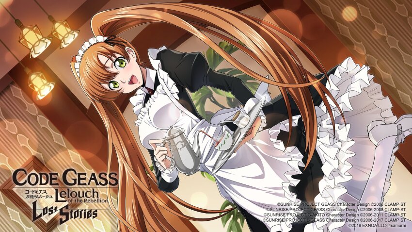 1girl apron black_dress blurry blush bokeh breasts code_geass code_geass:_lost_stories commentary commentary_request cork cup depth_of_field dress dutch_angle english_commentary f4samurai frilled_apron frilled_dress frilled_sleeves frills glint granulated_sugar green_eyes hair_between_eyes happy highres holding holding_teapot holding_tray indoors jar juliet_sleeves leg_up long_dress long_hair long_sleeves looking_at_viewer maid maid_apron maid_headdress medium_breasts official_art open_mouth orange_hair pantyhose picture_frame pouring puffy_sleeves saucer shirley_fenette shoes sidelocks smile solo spoon standing standing_on_one_leg steam teacup teapot teeth tray twintails very_long_hair white_apron white_pantyhose white_shoes