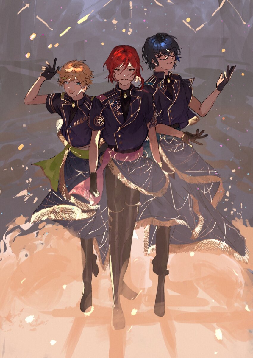 22kolink 3boys aoba_tsumugi blonde_hair blue_hair boots ensemble_stars! formal_clothes full_body glasses gloves harukawa_sora highres jacket male_focus multiple_boys pants red_hair sakasaki_natsume shirt short_hair short_sleeves smile switch_(ensemble_stars!) v
