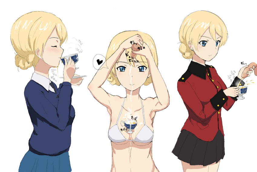 1girl bikini black_necktie black_skirt blonde_hair blue_eyes blue_skirt blue_sweater braid breasts bukkake commentary_request cum cum_on_body cum_on_breasts cum_on_upper_body cup darjeeling_(girls_und_panzer) drinking drinking_pee girls_und_panzer handjob holding holding_cup jacket miniskirt necktie pee peeing peeing_in_cup penis penis_milking red_jacket sakusa_kuruku school_uniform shirt skirt st._gloriana&#039;s_military_uniform st._gloriana&#039;s_school_uniform sweater swimsuit teacup white_bikini white_shirt