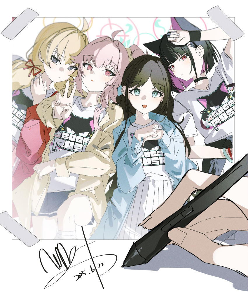 1other 4girls absurdres after-school_sweets_club_(blue_archive) airi_(band)_(blue_archive) airi_(blue_archive) animal_print black_hair black_jacket blonde_hair blue_jacket blunt_bangs blunt_ends blush bracelet cat_print closed_mouth clothes_around_waist colored_inner_animal_ears colored_inner_hair commentary green_eyes hair_bun hair_ribbon highres holding holding_pen jacket jacket_around_waist jewelry kazusa_(band)_(blue_archive) kazusa_(blue_archive) long_hair low_twintails lying multicolored_hair multiple_bracelets multiple_girls natsu_(band)_(blue_archive) natsu_(blue_archive) official_alternate_costume official_alternate_hairstyle on_back open_mouth own_hands_together parted_bangs pen pink_eyes pink_hair pleated_skirt pov qtian red_eyes red_jacket red_ribbon ribbon shirt short_hair side_ponytail sidelocks single_side_bun skirt t-shirt twintails two-tone_hair v white_shirt white_skirt yellow_eyes yellow_jacket yoshimi_(band)_(blue_archive) yoshimi_(blue_archive)