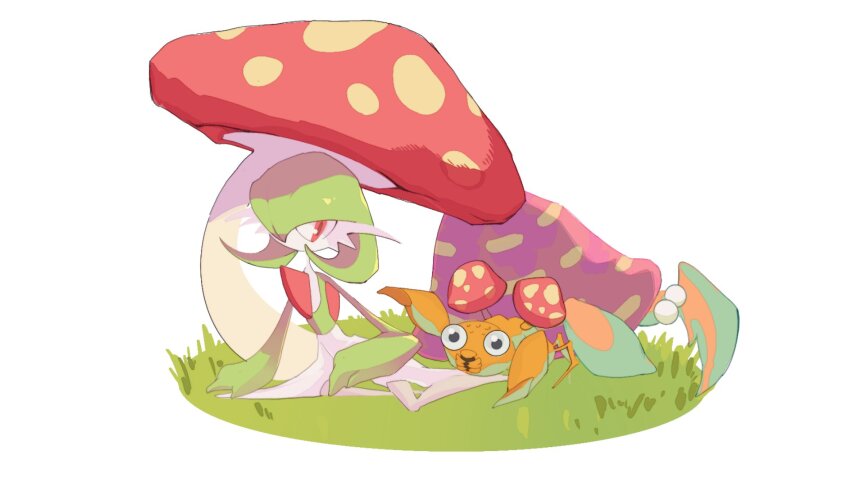 bob_cut bug colored_skin game_freak gardevoir gen_1_pokemon gen_3_pokemon giant_mushroom grass green_hair green_skin hair_over_one_eye highres multicolored_skin mushroom mxlaghrsuk33yws nintendo no_feet on_grass paras parasect pink_eyes pokemon pokemon_(creature) simple_background two-tone_skin white_background white_skin