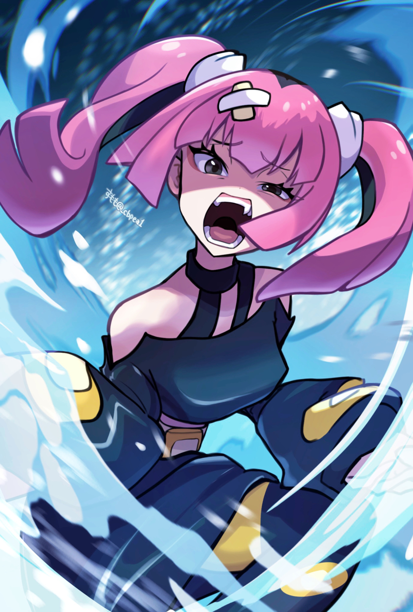1girl angry artist_name bare_shoulders black_choker blurry blurry_background cbpea1 choker coral_(pokemon) furrowed_brow half-closed_eye highres long_sleeves looking_at_viewer nintendo off-shoulder_shirt off_shoulder open_mouth pink_hair pokemon pokemon_(anime) pokemon_horizons shaded_face shirt sleeves_past_fingers sleeves_past_wrists solo teeth twintails