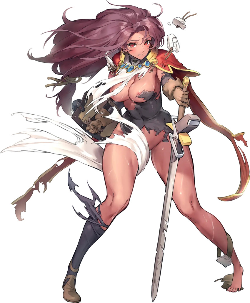 1girl areola_slip black_thighhighs broken broken_sword broken_weapon dark-skinned_female dark_skin debris defeat full_body game_cg gloves highres injury kakiman knight last_origin long_hair looking_at_viewer low-tied_long_hair navel nipples official_art open_mouth pelvic_curtain prester_johanna red_eyes red_hair sandals shield solo sweat sword tabard tachi-e thighhighs torn_clothes torn_footwear torn_thighhighs transparent_background weapon
