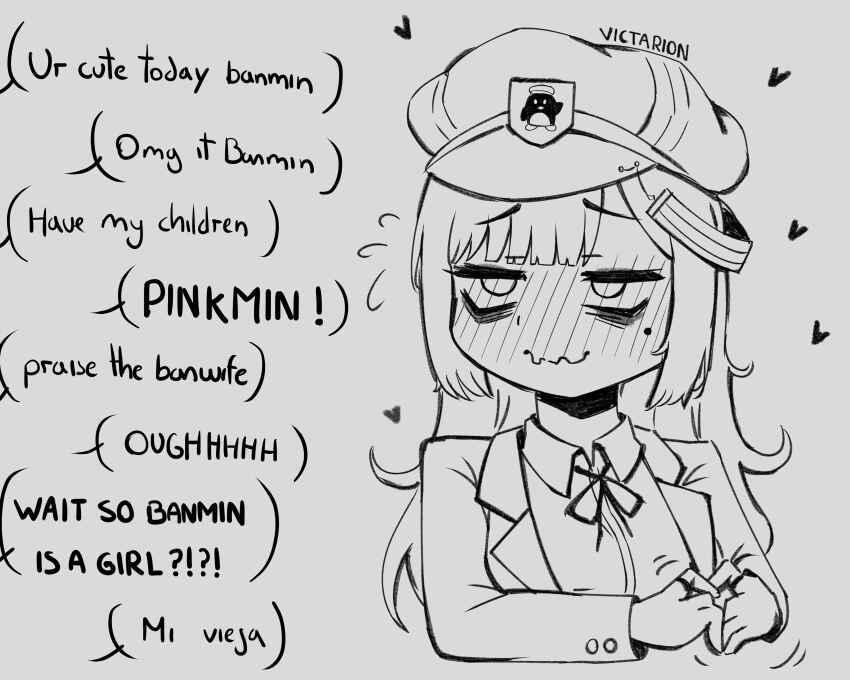 1girl absurdres banmin banmin_chan breasts brown_hair colored_skin eizoku_shizu eyeshadow eyeshadow_under_eye highres hime_cut large_breasts lipstick lolita long_hair makeup military mole permabanned red_eyes text_focus thick_thighs thighs victarionsc virtual_youtuber white_skin