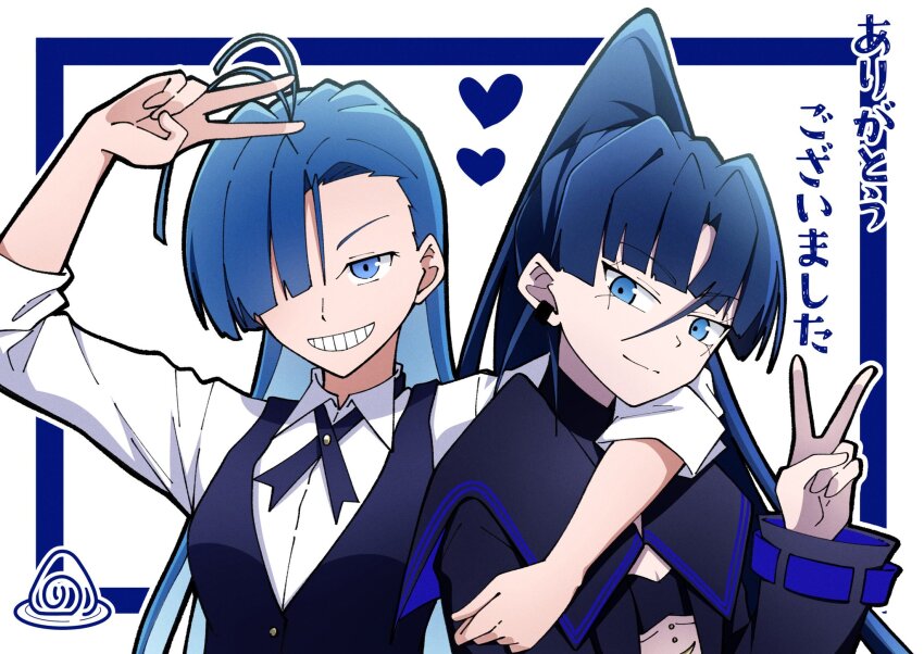 2girls ado_(utaite) black_shirt blue_eyes blue_ribbon closed_mouth collared_shirt commentary_request earclip hair_between_eyes hair_over_one_eye highres long_hair looking_at_viewer merry_(ado) multiple_girls naima_(ado) neck_ribbon nori_(norinori_yrl) open_clothes open_mouth open_shirt ponytail readymade_(ado) ribbon shirt translation_request usseewa very_long_hair white_shirt
