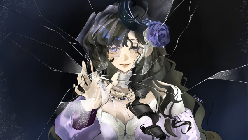 1girl black_hair black_hat breasts broken_glass broken_mirror cleavage crack cracked_glass dark_background dress flower glass hair_flower hair_ornament hand_up hat highres isolde_(reverse:1999) jewelry long_hair mirror necklace parted_lips pearl_necklace purple_dress purple_eyes purple_flower reverse:1999 see-through_clothes see-through_veil smile solo upper_body veil wavy_hair wu_fuzuoyong