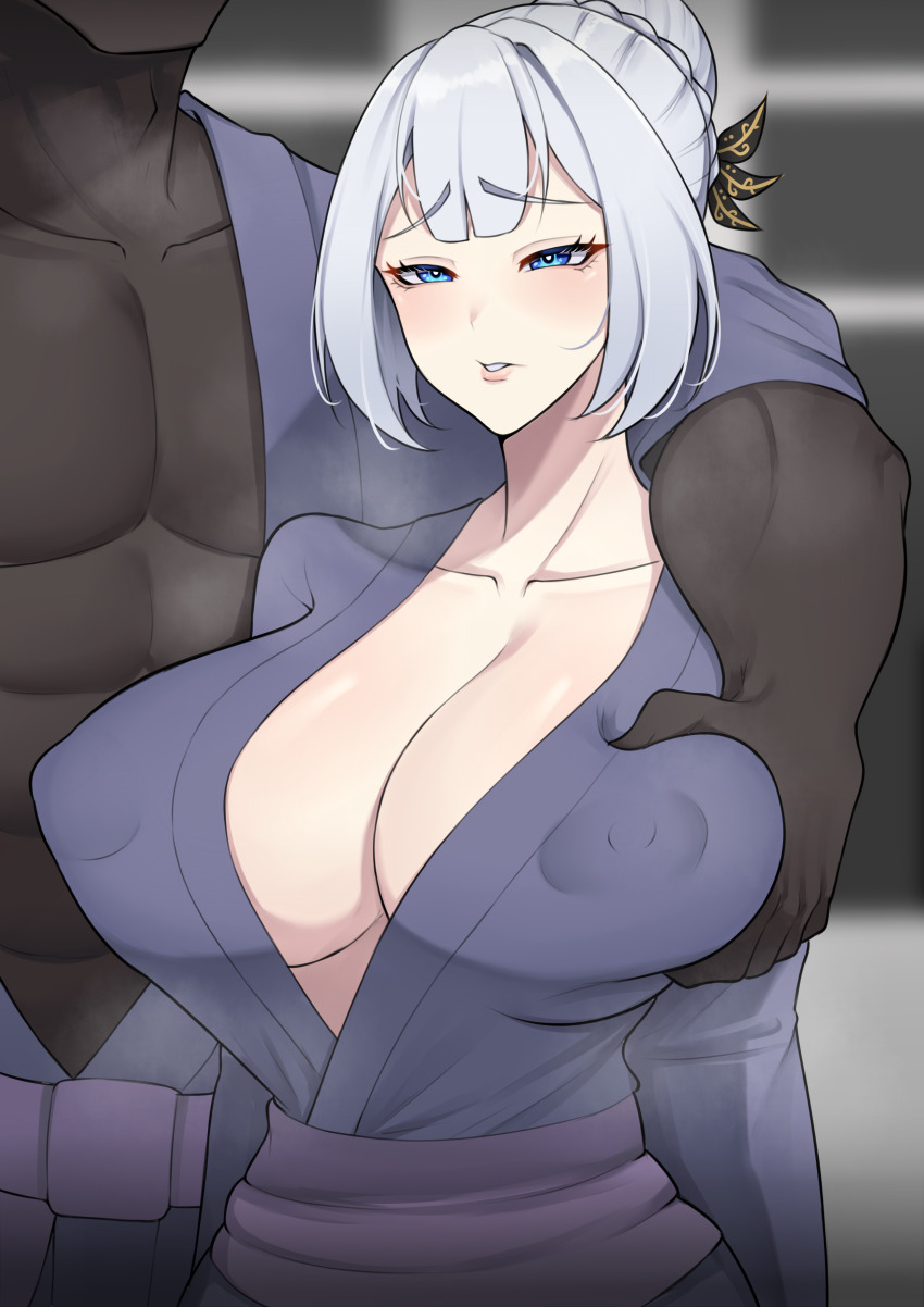 1boy 1girl absurdres band-width blue_eyes blue_hair blush braid breasts cleavage collarbone covered_erect_nipples dark-skinned_male dark_skin grabbing_from_behind groping hair_bun head_out_of_frame highres interracial japanese_clothes kimono large_breasts light_blue_hair obi original out_of_frame puffy_nipples raised_eyebrow sash single_hair_bun solo_focus very_dark_skin