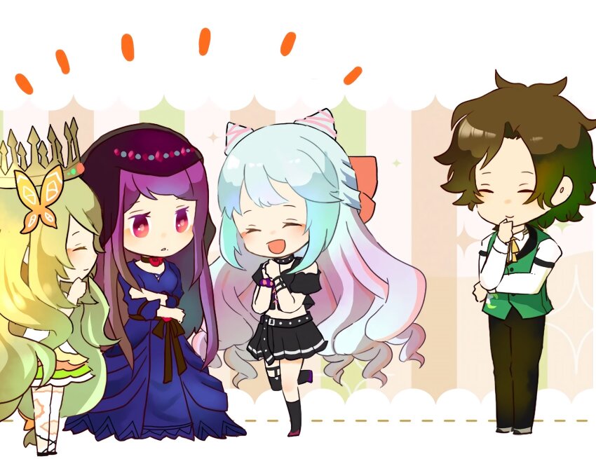 2boys 2girls androgynous blonde_hair celine_(fire_emblem) closed_eyes closed_mouth cone_hair_bun crossdressing fire_emblem fire_emblem_engage green_vest h_u_sss hair_bun hair_horns highres ivy_(fire_emblem) louis_(fire_emblem) multiple_boys multiple_girls nintendo purple_eyes purple_hair rosado_(fire_emblem) trap vest