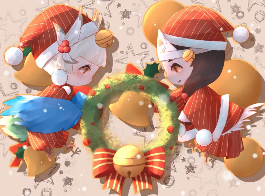 1boy 1girl absurdres bell bird_footprints bird_legs black_hair brown_background brown_eyes chibi christmas christmas_wreath doujo_(onmyoji) full_body hat highres long_hair long_sleeves oguna_(onmyoji) onmyoji pants profile red_headwear red_pants red_skirt santa_costume santa_hat skirt striped_clothes striped_headwear striped_pants striped_skirt vertical-striped_clothes vertical-striped_headwear vertical-striped_pants vertical-striped_skirt white_hair wide_sleeves wings wreath yi_er_san