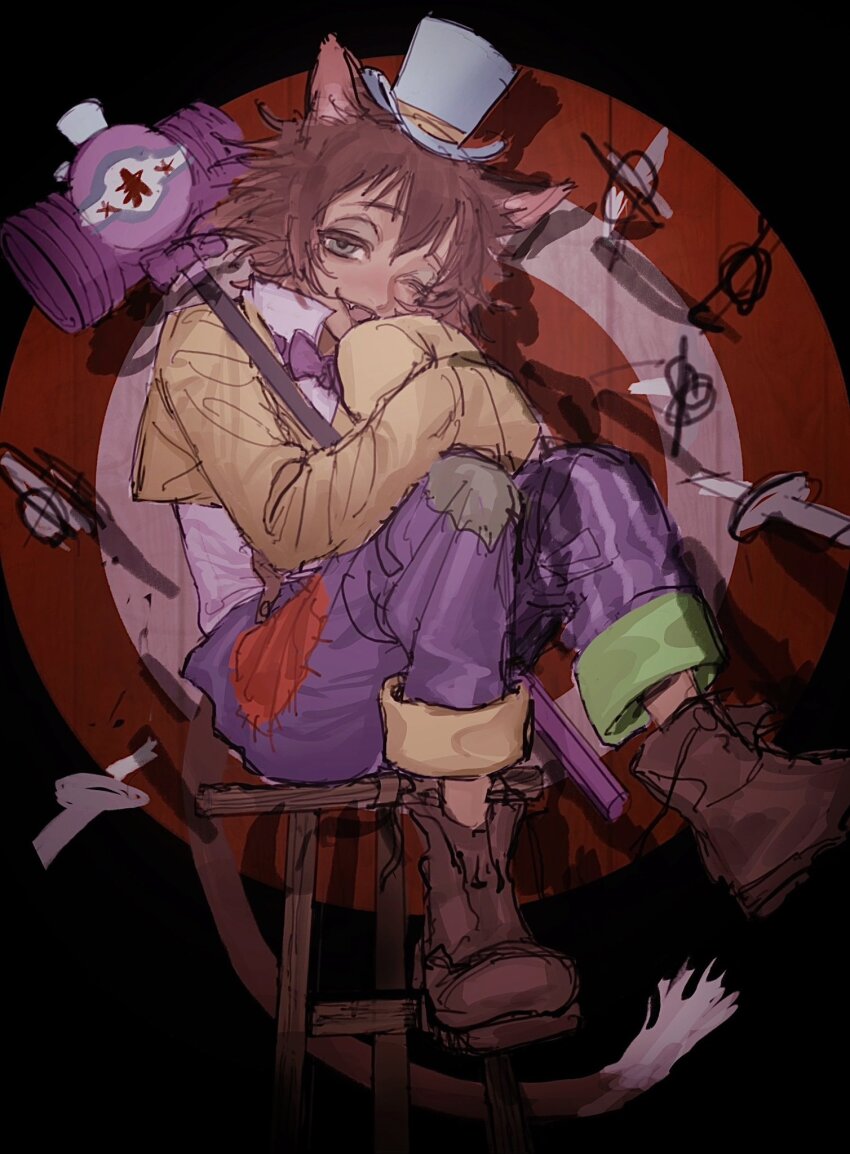 1boy animal_ears boots brown_hair cat_boy cat_ears cat_tail dagger full_body gidel_(twisted_wonderland) hat highres holding holding_mallet knife long_sleeves male_focus mallet mini_hat mini_top_hat runa_2513 short_hair sitting sleeves_past_fingers sleeves_past_wrists solo spotlight stool tail target top_hat twisted_wonderland weapon