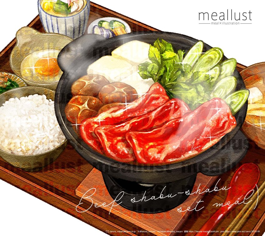 beef bowl chopsticks cucumber cucumber_slice egg_(food) egg_yolk food food_focus food_name haruna_macpro highres hotpot meat mushroom original rice rice_bowl shiitake simple_background spoon sukiyaki tray vegetable white_background