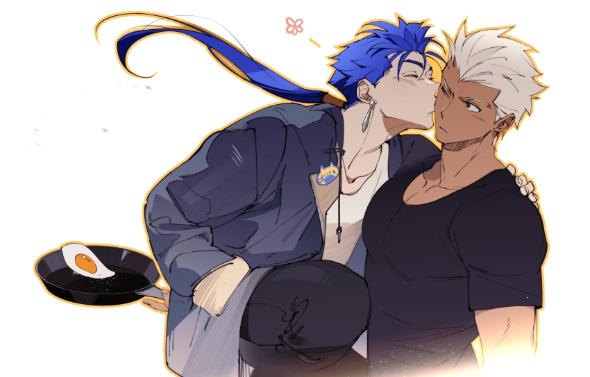 2boys absurdres archer_(fate) black_pants black_shirt blue_hair brown_eyes closed_eyes closed_mouth collarbone couple cu_chulainn_(fate) dark-skinned_male dark_skin drawstring earrings egg_(food) fate/stay_night fate_(series) floating_earrings food frying_pan grey_jacket hand_in_pocket hand_on_another&#039;s_shoulder highres holding holding_frying_pan jacket jewelry kiss kissing_cheek long_hair male_focus multiple_boys orange_outline outline pants pectorals ponytail shirt short_hair t-shirt tobu_(bilibil) white_hair white_shirt yaoi