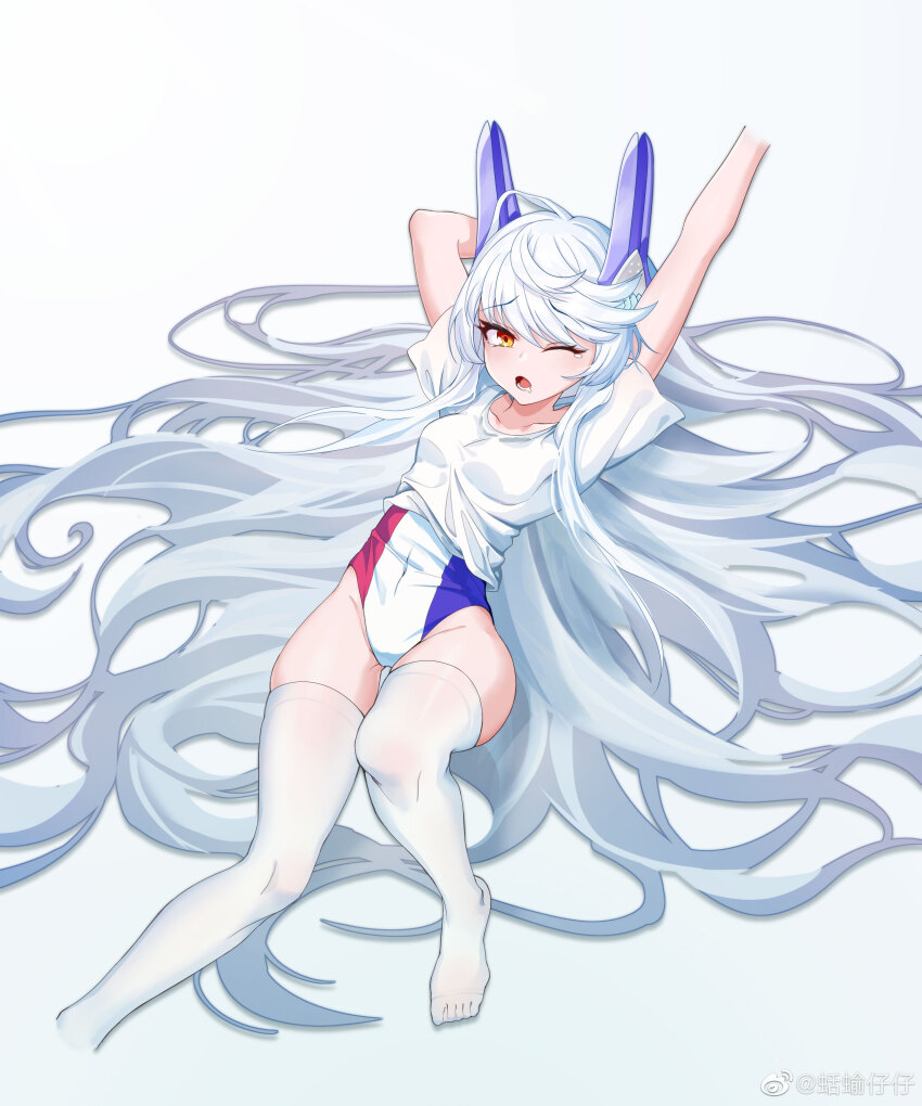 1girl absurdres arm_behind_head breasts competition_swimsuit covered_navel full_body headgear highleg highres le_fantasque_(warship_girls_r) long_hair looking_at_viewer lying no_shoes on_back one-piece_swimsuit one_eye_closed open_mouth school_swimsuit shirt short_sleeves simple_background small_breasts solo swimsuit thighhighs thighs very_long_hair warship_girls_r white_background white_hair white_shirt white_thighhighs yellow_eyes yzj21333