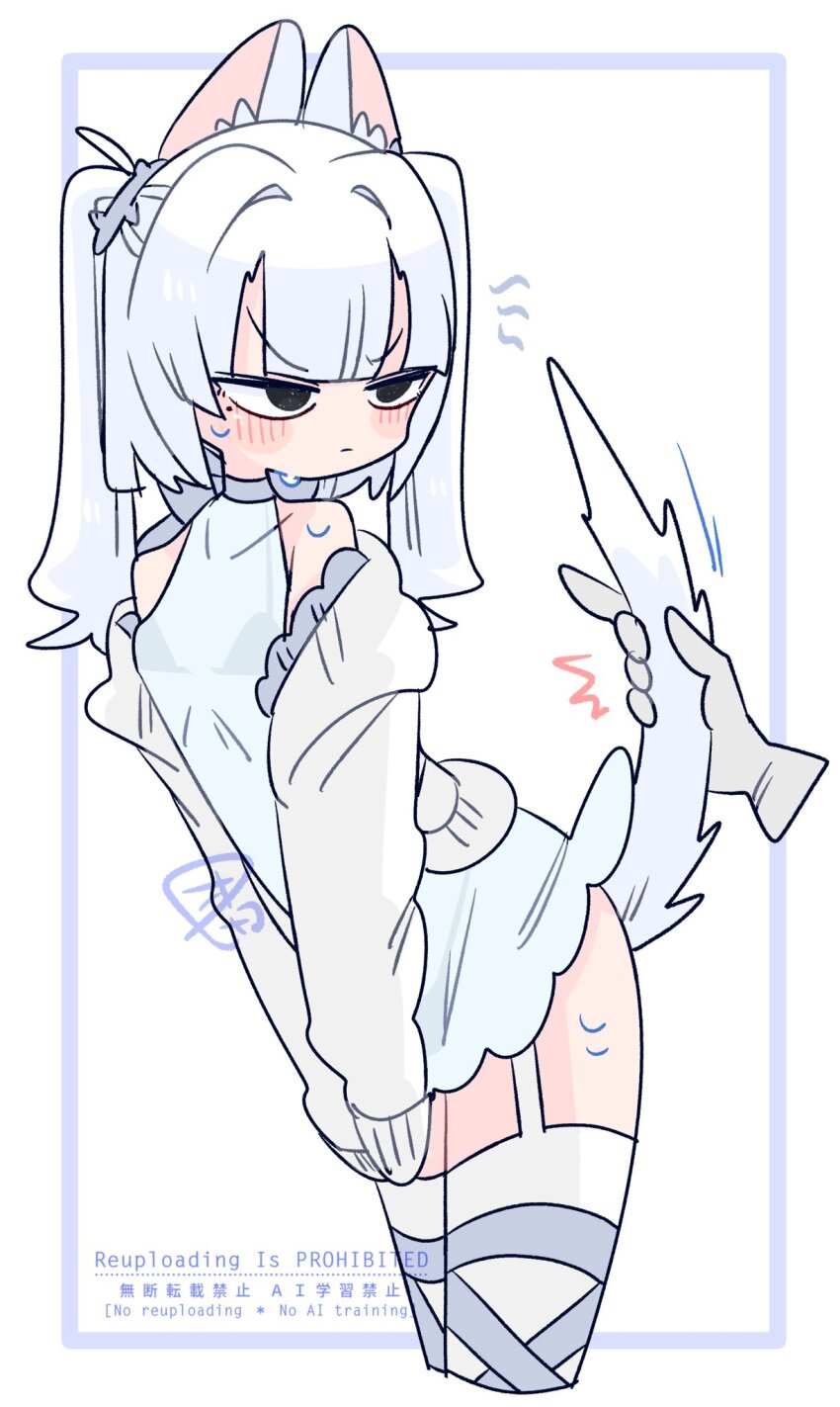 1boy :/ ^^^ animal_ear_fluff animal_ears annoyed arched_back bare_shoulders blunt_bangs blush bow bra cardigan cat_boy cat_ears cat_tail closed_mouth collarbone commentary covered_navel covering_crotch covering_privates cowboy_shot crossdressing crossdressing_(mtf) disembodied_hand dress ear_piercing eve_(op_na_yarou) from_side garter_straps glaring grey_bow grey_bra grey_eyes grey_thighhighs hair_intakes hair_tie highres leaning_forward long_sleeves looking_back male_focus medium_hair microdress mole mole_under_eye multicolored_thighhighs no_nose notched_ear off_shoulder op_na_yarou open_cardigan open_clothes original piercing see-through_clothes see-through_dress sidelocks simple_background sleeveless sleeveless_dress sleeves_past_fingers sleeves_past_wrists solo standing sweat tail tail_grab thighhighs thighs trap two-tone_thighhighs two_side_up underwear v-shaped_eyebrows v_arms watermark white_background white_cardigan white_dress white_hair white_thighhighs
