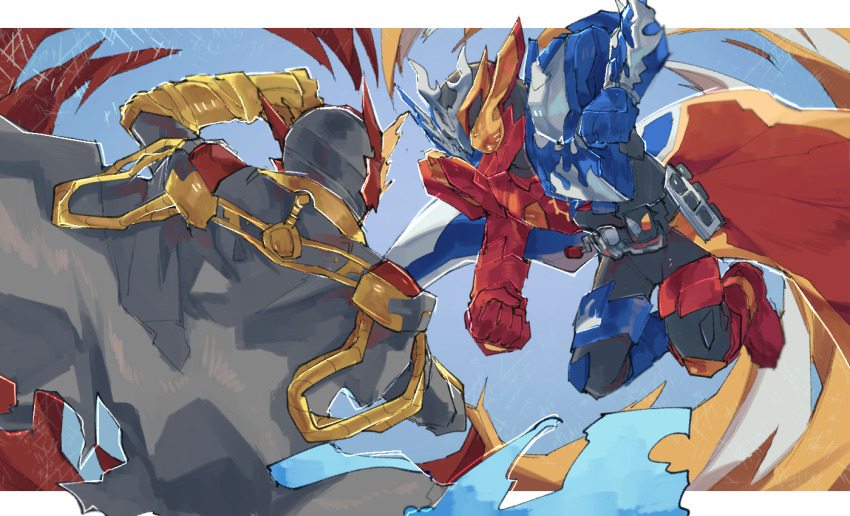 2boys arm_up armor asymmetrical_footwear asymmetrical_gloves battle belt black_cape black_headwear blue_background blue_footwear blue_gloves boots breastplate cape chikichi clenched_hands epaulettes from_behind gloves grey_eyes hand_up helmet heterochromia jumping kamen_rider kamen_rider_blood kamen_rider_build_(series) kamen_rider_cross-zbuild knee_boots knee_pads letterboxed male_focus mismatched_footwear mismatched_gloves multicolored_cape multiple_boys outside_border red_footwear red_gloves shoulder_armor simple_background two-sided_fabric utility_belt vambraces yellow_eyes