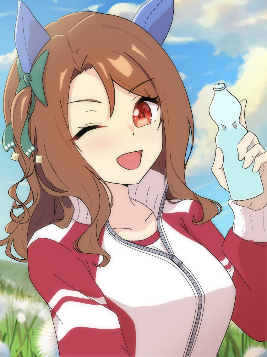 1girl absurdres animal_ears bottle brown_hair ear_covers highres hnkn_hkr holding holding_bottle horse_ears horse_girl jacket king_halo_(umamusume) long_sleeves looking_at_viewer open_mouth puffy_long_sleeves puffy_sleeves red_eyes red_jacket smile solo umamusume upper_body
