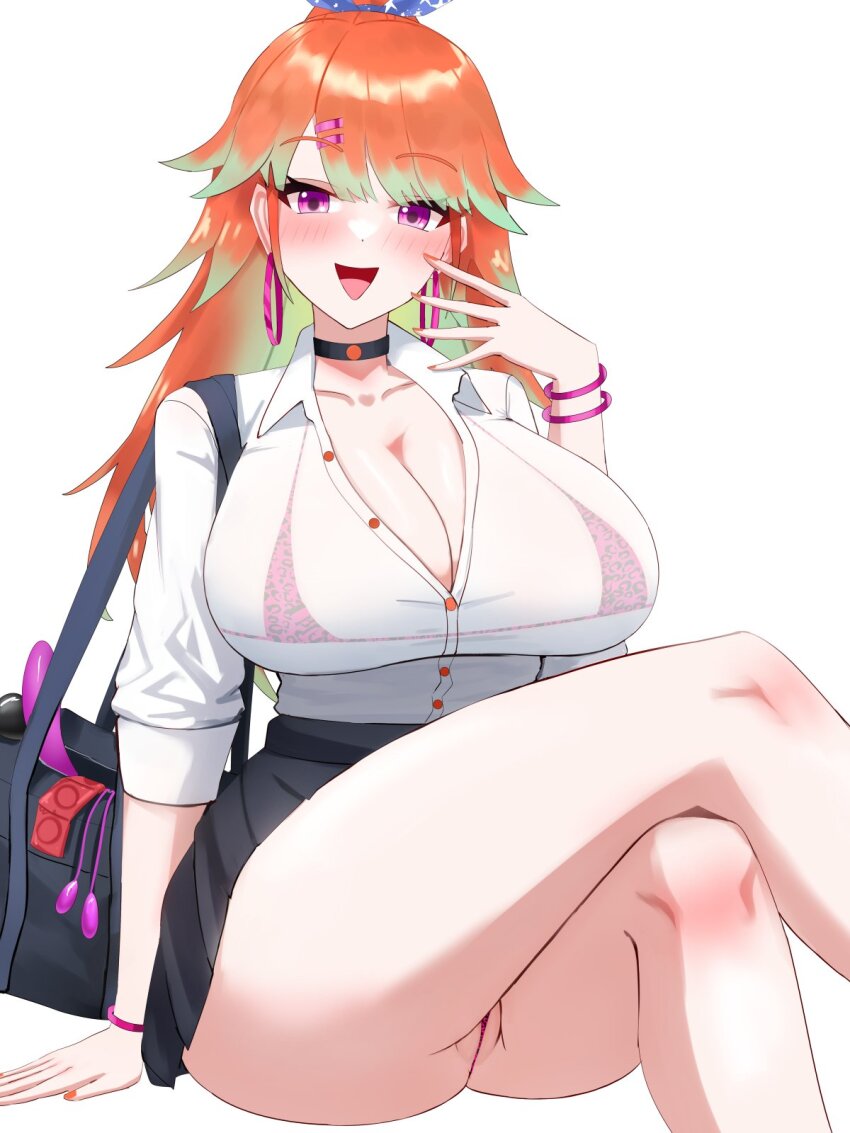 1girl :d animal_print bag bikini bikini_under_clothes black_bag black_choker blush bra bracelet breasts choker cleavage collarbone condom crossed_legs dadangge dildo earrings egg_vibrator gradient_hair green_hair gyaru hand_on_floor high_ponytail highres hololive hololive_english hoop_earrings huge_breasts jewelry knees leopard_print long_hair looking_at_viewer multicolored_hair open_bag open_clothes open_mouth open_shirt orange_hair orange_nails panther_print panties partially_visible_vulva pink_bra pink_eyes ponytail school_uniform see-through_clothes see-through_shirt sex_toy shirt shoulder_bag simple_background sitting skirt smile solo swimsuit takanashi_kiara unbuttoned underwear vibrator virtual_youtuber white_background