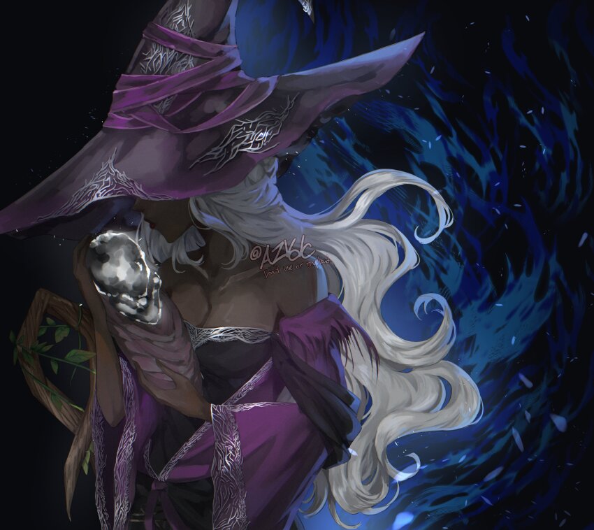 1girl 1other absurdres azvdc baby bare_shoulders black_background black_dress blue_fire breasts cleavage dress elden_ring elden_ring_nightreign fire hat hat_over_eyes highres holding large_hat long_hair mage_staff mother_and_child purple_hat purple_sleeves recluse_(elden_ring) signature swaddled upper_body white_hair wide_sleeves witch witch_hat wooden_staff