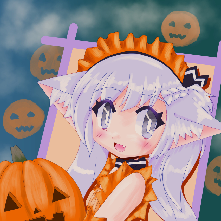 1girl :d aged_down animal_ears azur_lane belfast_(azur_lane) blush cat_ears cat_girl child fang female_focus grey_eyes halloween highres maid maid_headband meta_nan open_mouth pumpkin smile solo solo_focus white_hair