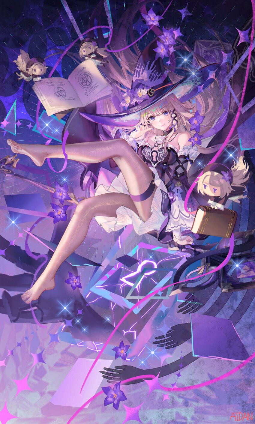 1girl alternate_breast_size atdan bare_shoulders book breasts brown_hair brown_pantyhose detached_sleeves dress floating floating_object flower hair_ribbon hat hat_flower herta_(honkai:_star_rail) honkai:_star_rail honkai_(series) long_hair no_shoes pantyhose purple_eyes purple_flower purple_ribbon ribbon riding sitting solo spread_toes staff staff_riding the_herta_(honkai:_star_rail) toes very_long_hair witch_hat