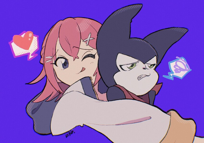 1boy 1girl bandana bandana_around_neck digimon digimon_card_game digimon_liberator green_eyes heart highres hood hooded_jacket hug hug_from_behind impmon jacket medium_hair one_eye_closed pink_hair purple_background purple_eyes red_bandana shinbiko simple_background spoken_heart upper_body white_jacket yuuki_(digimon)