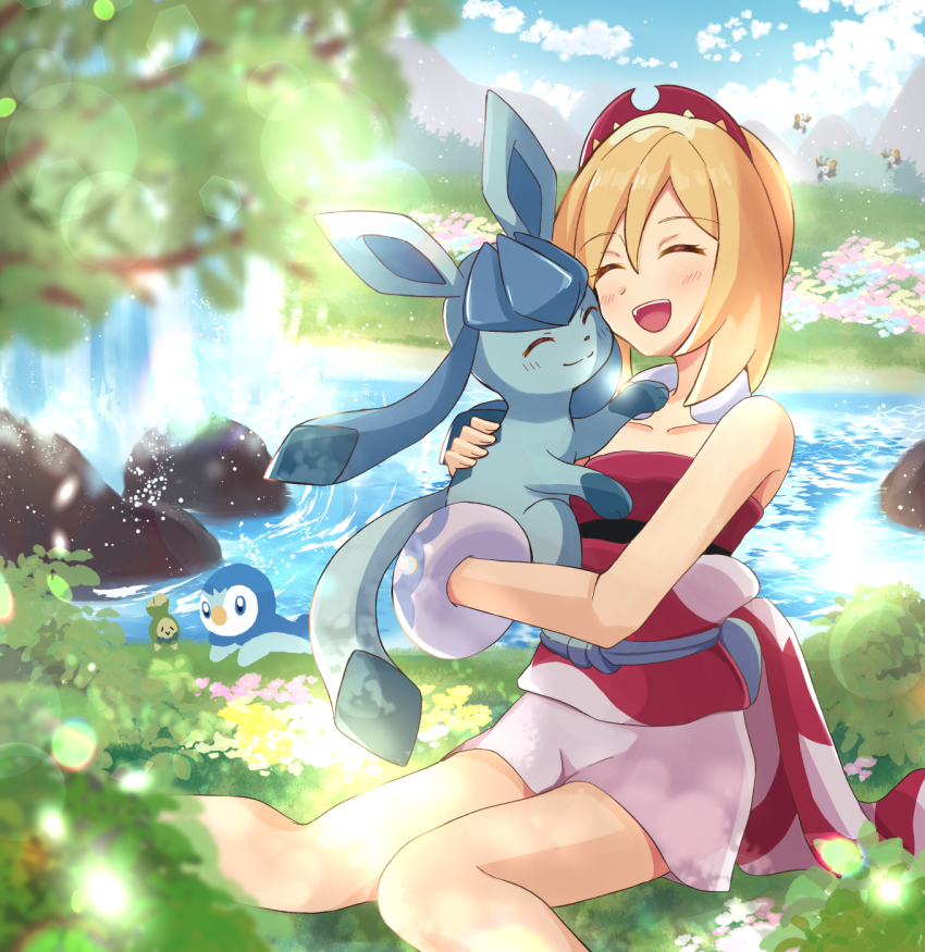 1girl :d beautifly blonde_hair blurry blush budew cloud collar collarbone commentary_request day gen_3_pokemon gen_4_pokemon glaceon grass happy haru_(haruxxe) highres holding holding_pokemon irida_(pokemon) jewelry lens_flare neck_ring nintendo open_mouth outdoors piplup pokemon pokemon_(creature) pokemon_legends:_arceus red_shirt rock sash shirt shorts sitting sky smile strapless strapless_shirt teeth tongue upper_teeth_only water waterfall white_shorts