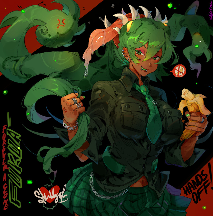 1girl absurdres anger_vein banana bracelet breasts chain character_name copyright_name cowboy_shot dark-skinned_female dark_skin ear_piercing eyeshadow food fruit fukua_(skullgirls) green_eyes green_hair green_nails grin highres jewelry large_breasts lip_piercing long_hair makeup nail_polish necktie piercing plaid_clothes plaid_skirt pleated_skirt ring school_uniform shamone_(skullgirls) sharp_teeth shpr0ta skirt skullgirls smile teeth tentacle_hair tongue tongue_out