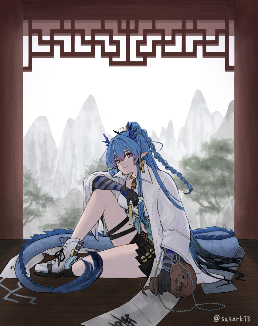 1girl ankle_boots arknights beads black_shorts blue_hair boots closed_mouth colored_extremities commentary dragon_girl dragon_horns dragon_tail earrings film_grain fog full_body gourd hair_between_eyes highres holding holding_gourd horns indoors jacket jewelry knee_up light_smile ling_(arknights) long_hair looking_at_viewer multicolored_hair pink_eyes pink_hair plant pointy_ears sasark73_(namida) scroll shorts sitting solo streaked_hair tail thigh_strap tree twitter_username white_boots white_jacket