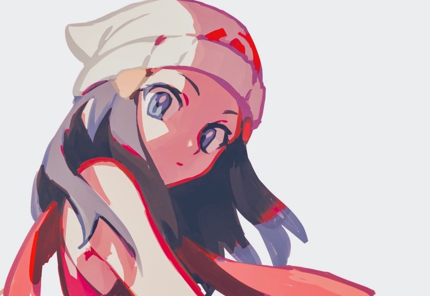 1girl beanie black_hair blue_eyes blue_hair closed_mouth dawn_(pokemon) domu_(hamadura) expressionless floating_scarf grey_background hair_ornament hairclip hat long_hair looking_at_viewer nintendo poke_ball_print poke_ball_symbol pokemon pokemon_dppt red_scarf scarf shirt simple_background sleeveless solo white_background white_hat