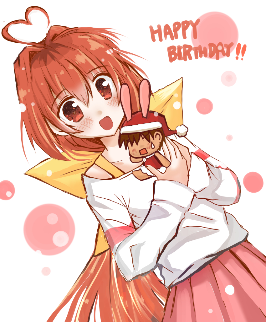 1boy 1girl absurdres ahoge animal_ears brown_hair collared_shirt hair_behind_ear hama_(ponkotu826) happy_birthday hat heart heart_ahoge heart-shaped_hair highres kagami_sumika long_hair mini_person miniboy muv-luv orange_eyes orange_hair pleated_skirt rabbit_ears red_skirt santa_costume santa_hat shirogane_takeru shirt skirt sleeves_past_wrists smile solo_focus sweatdrop v-shaped_eyebrows very_long_hair white_shirt