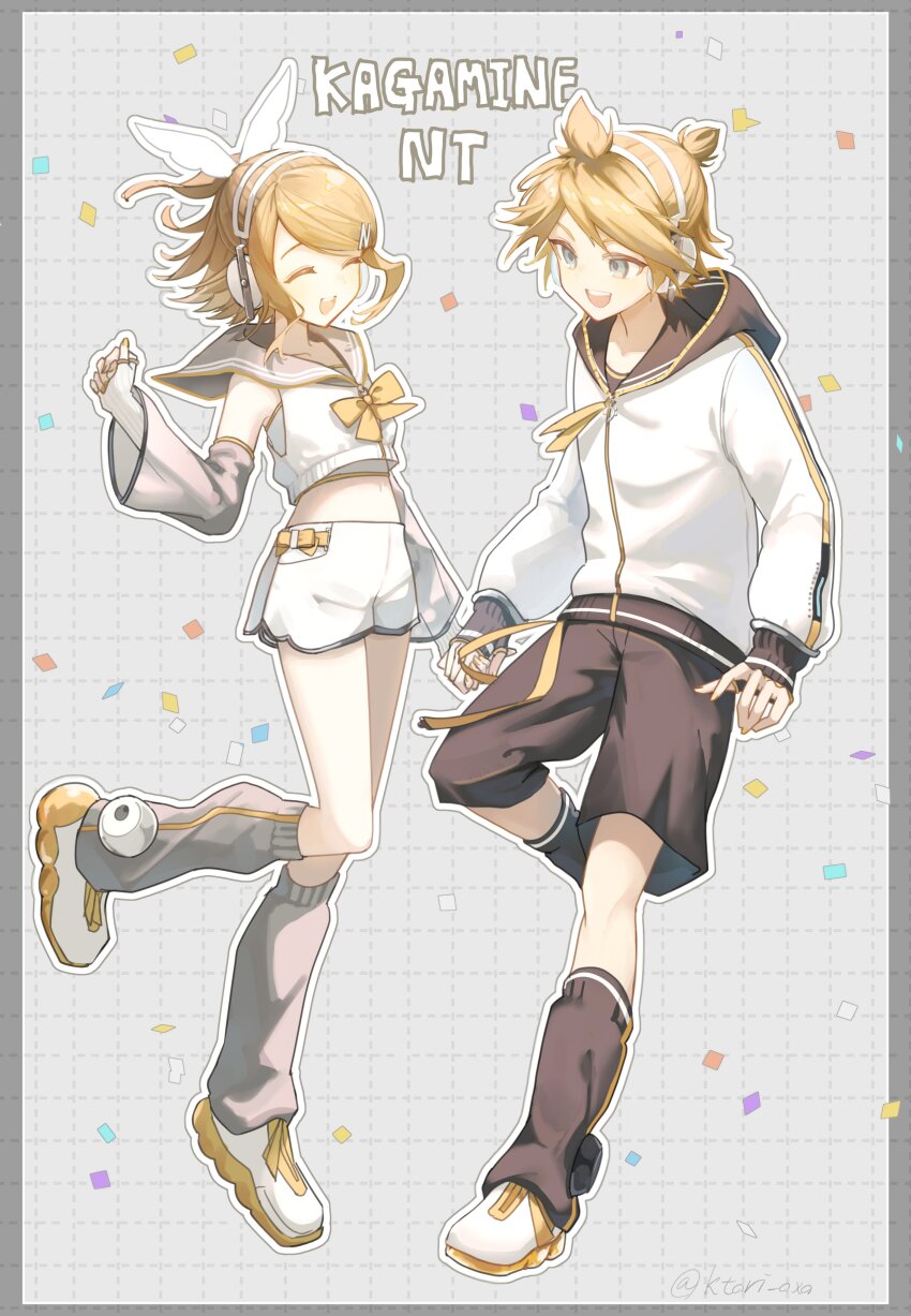 1boy 1girl absurdres black_sailor_collar black_shorts black_socks blonde_hair bow bowtie breasts closed_eyes confetti crop_top detached_sleeves full_body grey_background grey_eyes grey_sailor_collar grey_sleeves grey_socks grid_background hair_ornament hair_ribbon hairclip headphones highres holding_hands hood hood_down hooded_jacket jacket kagamine_len kagamine_rin ktori looking_at_another loose_socks midriff open_mouth ponytail ribbon sailor_collar shoes short_hair short_ponytail shorts small_breasts smile socks swept_bangs vocaloid white_jacket white_ribbon white_shoes yellow_bow yellow_bowtie