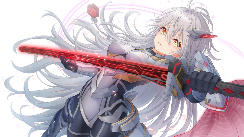 1girl agiri_(agiri_box) bodysuit breasts duel_monster grey_hair hair_between_eyes hair_ornament highres holding holding_sword holding_weapon impossible_bodysuit impossible_clothes katana long_hair medium_breasts orange_eyes parted_lips simple_background skin_tight sky_striker_ace_-_zero solo sword weapon white_background yu-gi-oh!
