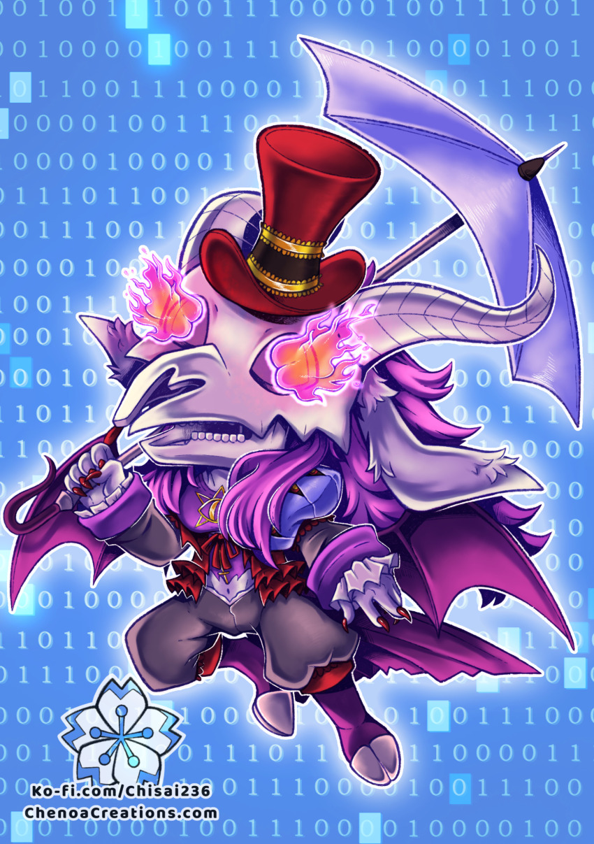 1girl absurdres digimon digimon_(creature) female_focus fire highres mephismon mephismon_x-antibody skull solo umbrella