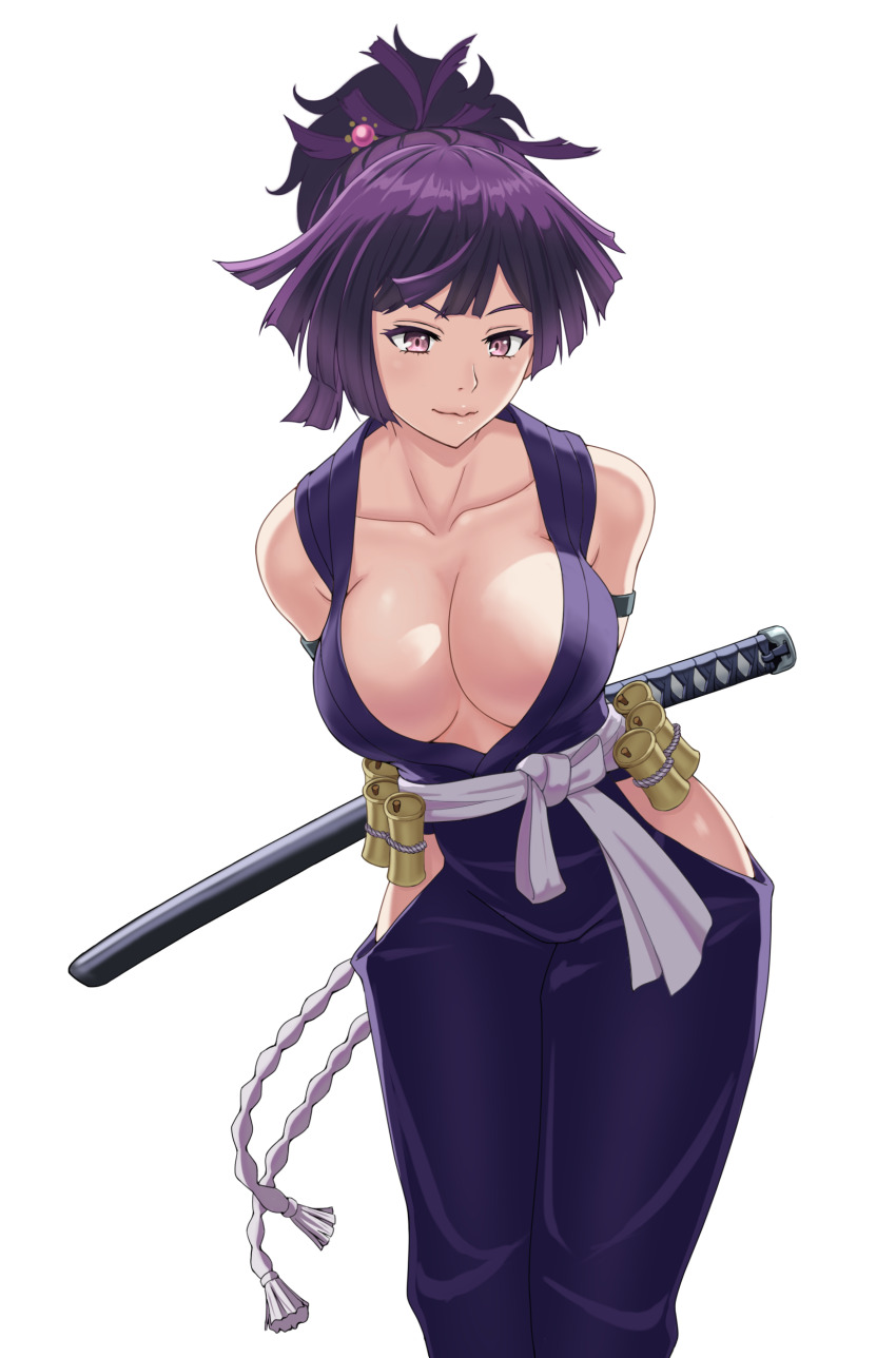 1girl absurdres arms_behind_back breasts cleavage highres hip_vent jigokuraku katana kyouji44288608 large_breasts purple_hair samurai sash smile solo sword weapon white_background yuzuriha_(jigokuraku)