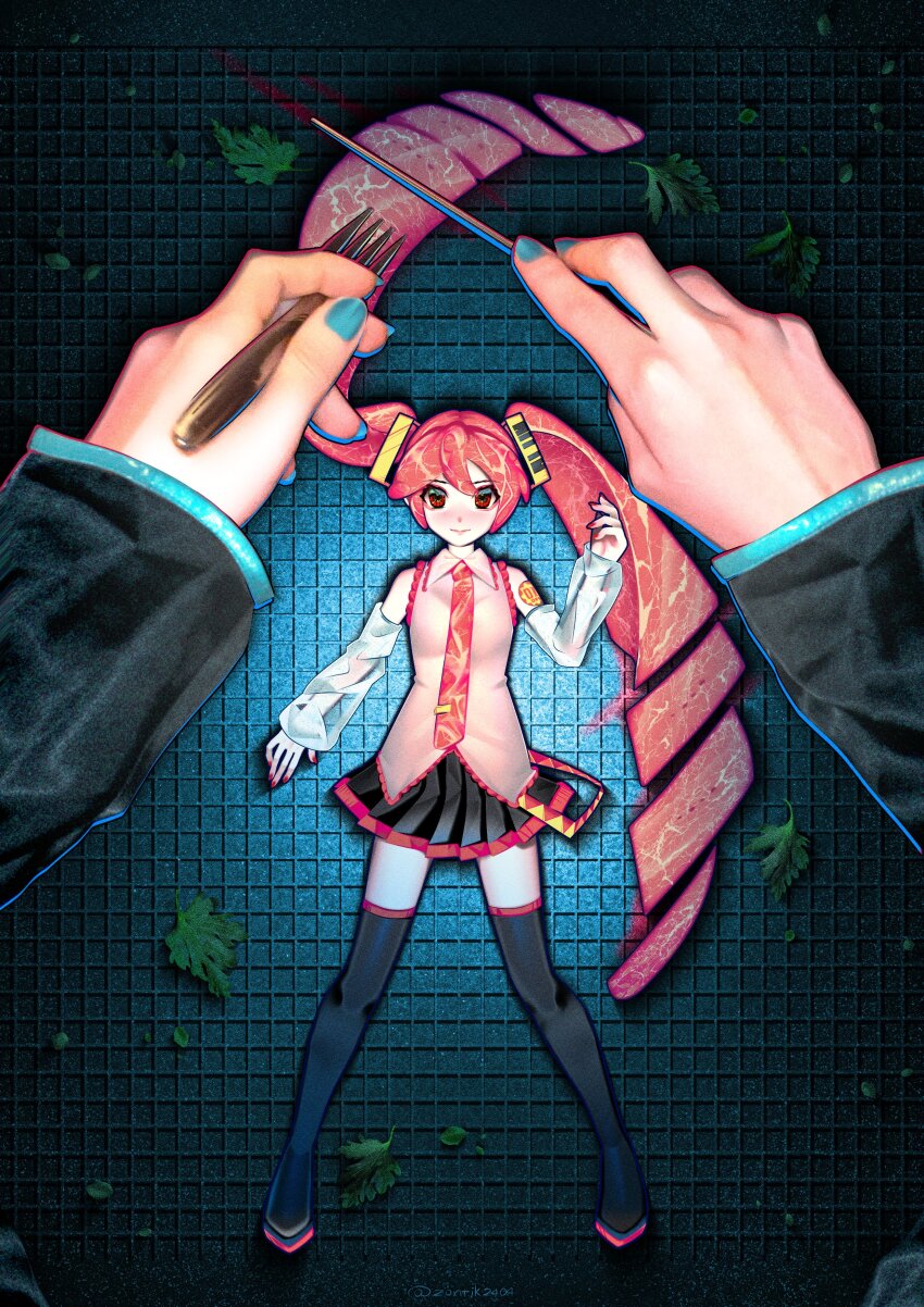 2girls absurdres boots collared_shirt cutting detached_sleeves dual_persona food food-themed_clothes food-themed_hair fork full_body hair_ornament hatsune_miku highres holding holding_fork holding_knife knife long_hair long_sleeves lying meat multiple_girls nail_polish necktie niku_miku_(nankai) on_back pleated_skirt raw_meat red_eyes red_hair see-through_clothes see-through_sleeves shirt skirt sleeveless sleeveless_shirt smile thigh_boots very_long_hair vocaloid zontik2404