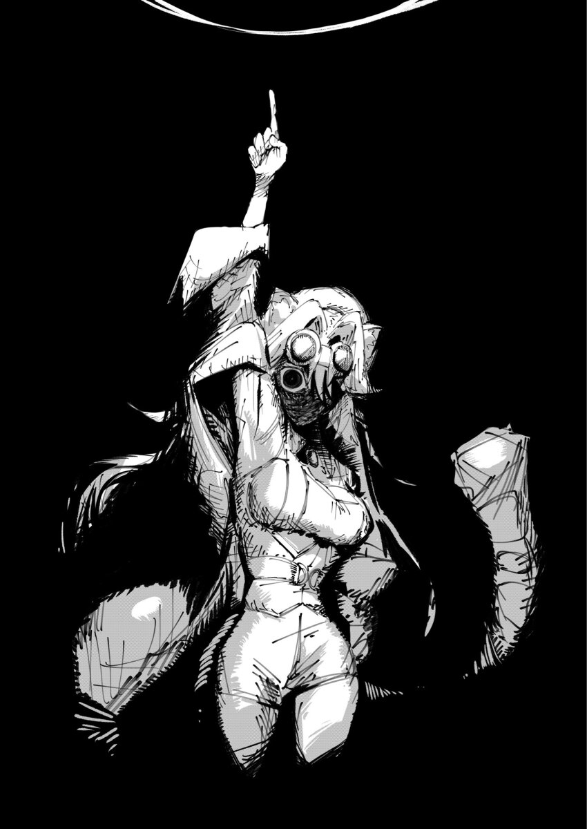 animal_ear_fluff arm_up black_background breasts casting_spell cat_girl goggles goggles_on_head harutimu hat highres hololive hololive_english large_breasts long_hair long_tail monochrome one_eye_in_shadow pointing pointing_up raora_panthera simple_background tail thighs