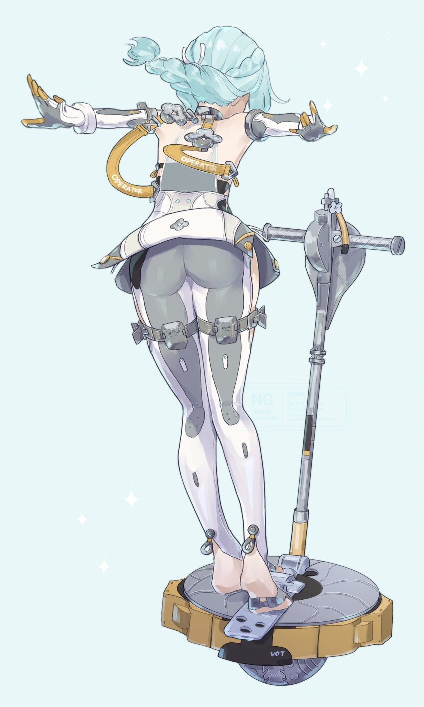 1girl ass back bare_shoulders blue_background blue_hair clothing_cutout detached_sleeves formal_clothes from_behind full_body gloves hair_ornament highres latex_pants long_hair outstretched_arms ponytail see-through_dress_layer seed_(zenless_zone_zero) segway side_cutout solo sparkle stirrup_legwear suit suwa_(swk_kkk) thigh_cutout toeless_legwear watermark white_gloves white_sleeves white_suit zenless_zone_zero