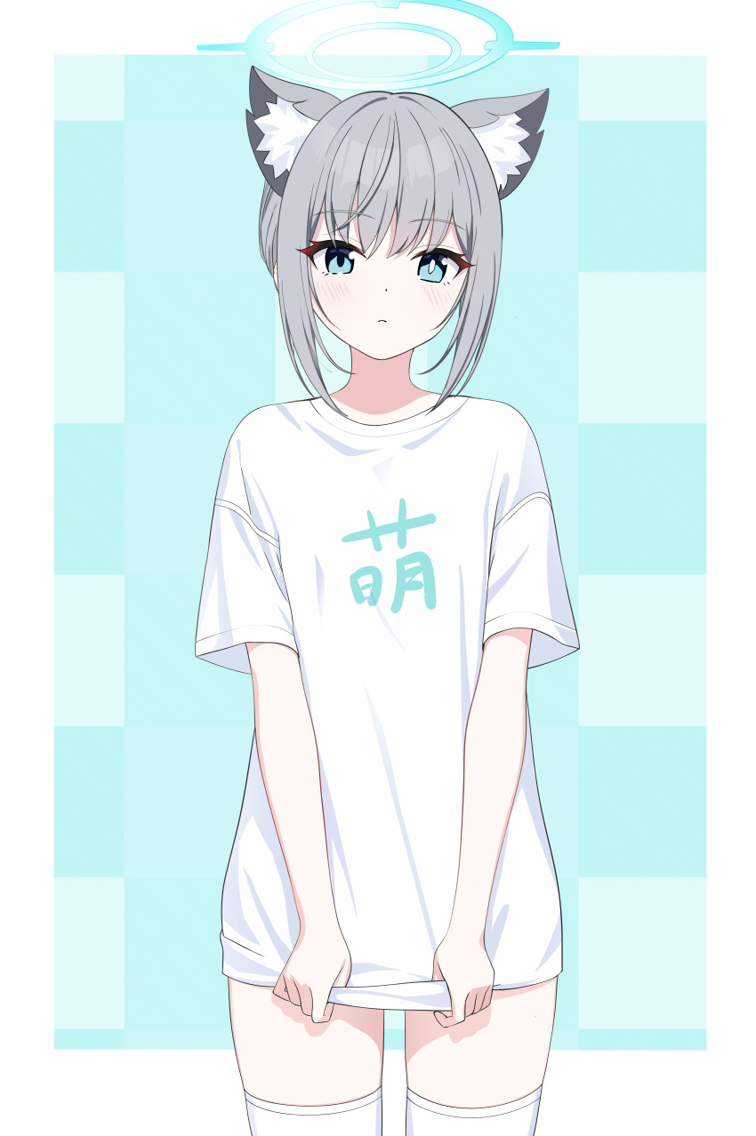 1girl absurdres alternate_costume alternate_hairstyle animal_ear_fluff animal_ears blue_archive blue_background blue_eyes blue_halo blush border commentary cowboy_shot grey_hair halo highres looking_at_viewer medium_hair menglan_kio233 mismatched_pupils outside_border oversized_clothes oversized_shirt pout shiroko_(blue_archive) shirt short_sleeves sidelocks solo standing t-shirt thighhighs white_border white_shirt white_thighhighs wolf_ears