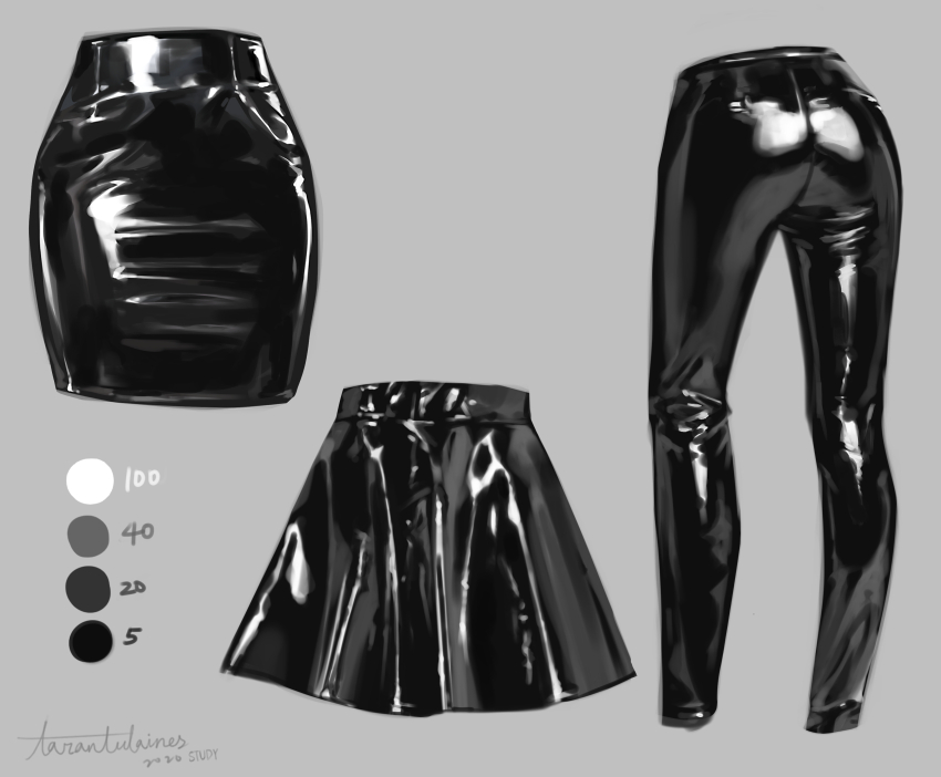 2020 absurdres clothes_focus dated grey_background highres latex_pants latex_skirt miniskirt no_humans original pencil_skirt signature skirt tarantulaines