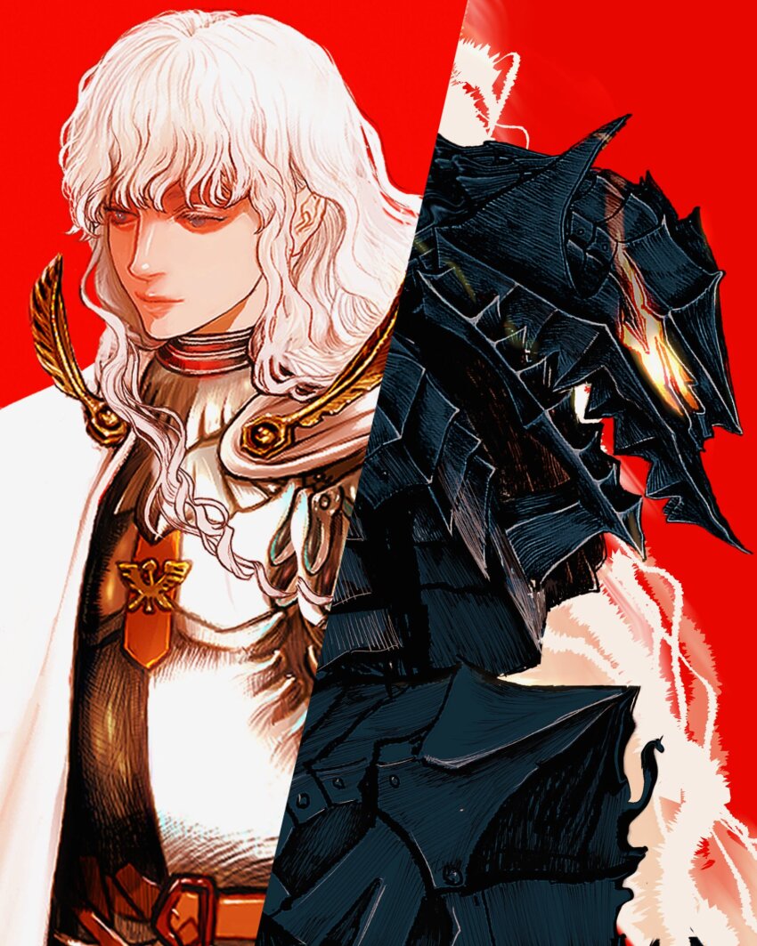 2boys armor belt berserk berserker_armor black_armor blue_eyes cape cuirass glowing glowing_eyes griffith_(berserk) guts_(berserk) helmet highres long_hair male_focus multiple_boys nisino2222 red_background shoulder_armor wavy_hair white_cape white_hair