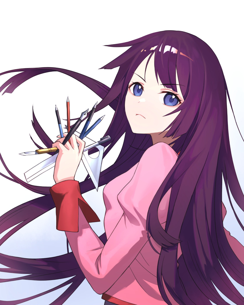 1girl absurdres axokim bakemonogatari between_fingers blue_background blue_eyes breasts closed_mouth eyelashes from_side gradient_background hand_up highres holding juliet_sleeves knife long_hair long_sleeves looking_at_viewer monogatari_(series) naoetsu_high_school_uniform nib_pen_(object) pen pink_shirt puffy_sleeves purple_hair ruler school_uniform senjougahara_hitagi shirt small_breasts solo upper_body v-shaped_eyebrows very_long_hair white_background