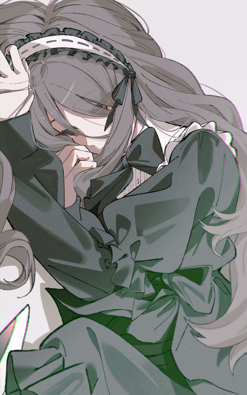 1girl absurdres alternate_hair_length alternate_hairstyle black_bow black_bowtie black_dress bow bowtie brown_hair chromatic_aberration commentary dress ebizuka_tomo girls_band_cry highres kuji_(orca9ji) long_hair long_sleeves lying maid_headdress on_side purple_background red_eyes simple_background solo symbol-only_commentary