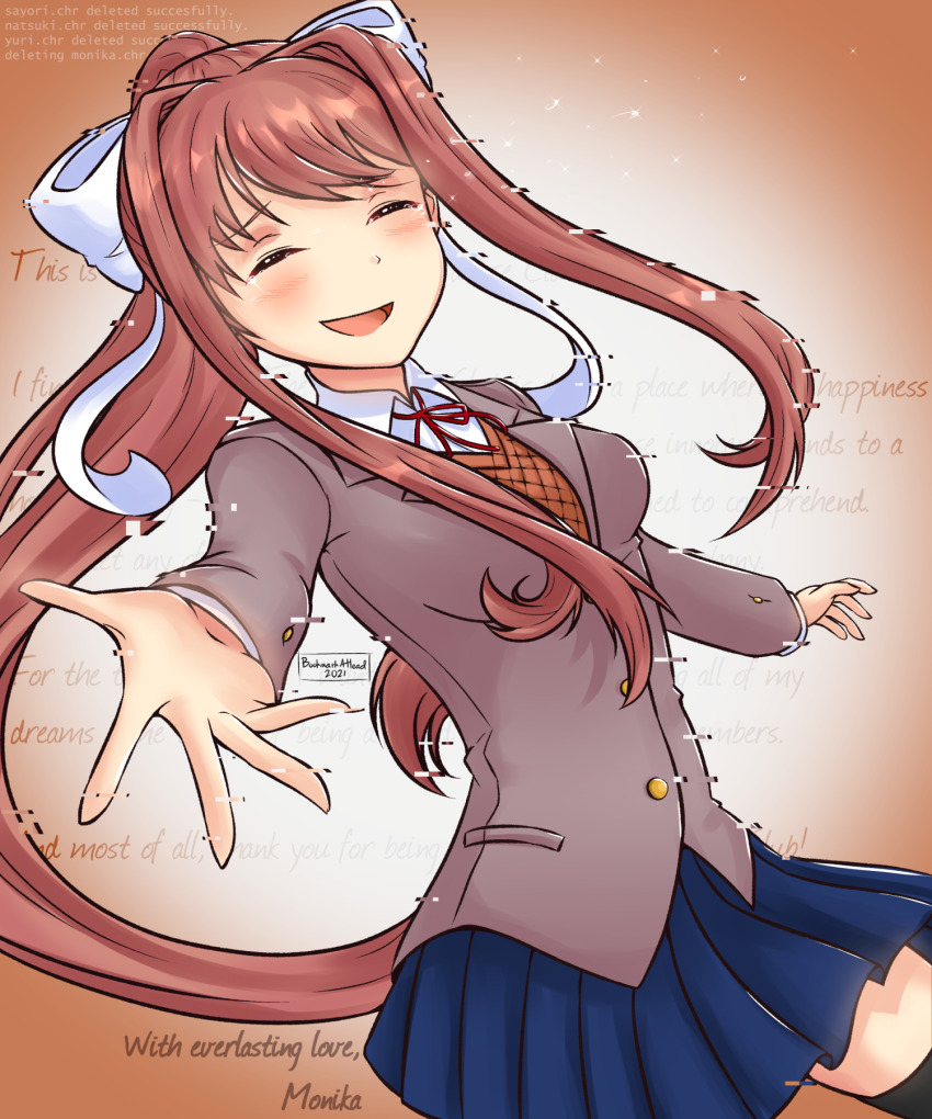 1girl blazer blue_skirt blush brown_hair brown_jacket character_name closed_eyes collared_shirt commentary doki_doki_literature_club doki_doki_literature_club_school_uniform english_commentary english_text glitch hair_intakes hair_ribbon highres jacket long_hair minzzway monika_(doki_doki_literature_club) neck_ribbon open_mouth orange_background orange_sweater_vest outstretched_arm ponytail red_ribbon ribbon school_uniform shirt sidelocks skirt smile solo spoilers sweater_vest white_background white_ribbon white_shirt