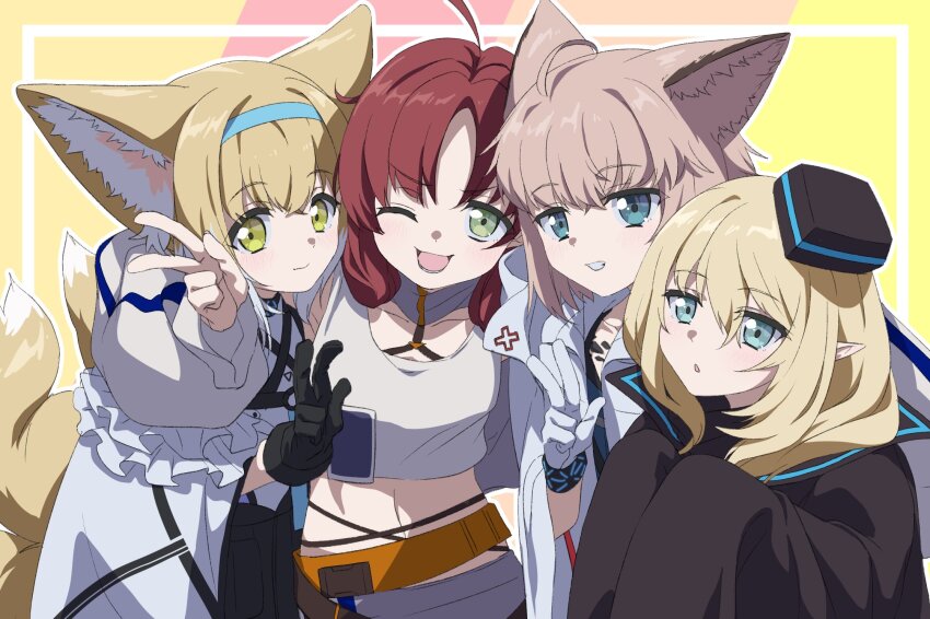 4girls ;d ahoge animal_ears arknights arm_around_neck black_hat black_jacket blonde_hair blue_dress blue_eyes blue_hairband breasts closed_mouth commentary crop_top dress durin_(arknights) fox_ears fox_girl fox_tail green_eyes grey_jacket grey_tank_top grin groin hair_between_eyes hairband hand_up hat highres jacket kitsune long_sleeves midriff mini_hat minowa_sukyaru multiple_girls myrtle_(arknights) navel one_eye_closed open_clothes open_jacket open_mouth outline parted_bangs parted_lips pointy_ears puffy_long_sleeves puffy_sleeves shirt sleeves_past_fingers sleeves_past_wrists small_breasts smile sussurro_(arknights) suzuran_(arknights) symbol-only_commentary tail tank_top tilted_headwear v white_jacket white_outline white_shirt