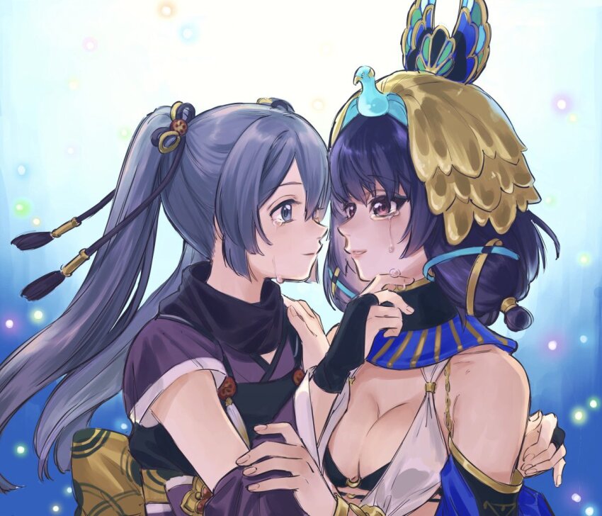 2girls ancient_egyptian ancient_egyptian_clothes ancient_egyptian_hat bare_shoulders bird blue_background blue_hair breasts cleavage crying crying_with_eyes_open ebony_(madoka_magica) eye_contact grey_hair hair_between_eyes japanese_clothes light_particles long_hair looking_at_another magia_record:_mahou_shoujo_madoka_magica_gaiden magical_girl mahou_shoujo_madoka_magica medium_breasts multiple_girls parted_lips peacock pink_eyes pink_lips purple_eyes sad_smile short_hair sidelocks smile streaming_tears tears tokime_shizuka twintails upper_body usekh_collar wiping_tears yukishiro_(hitsuji)