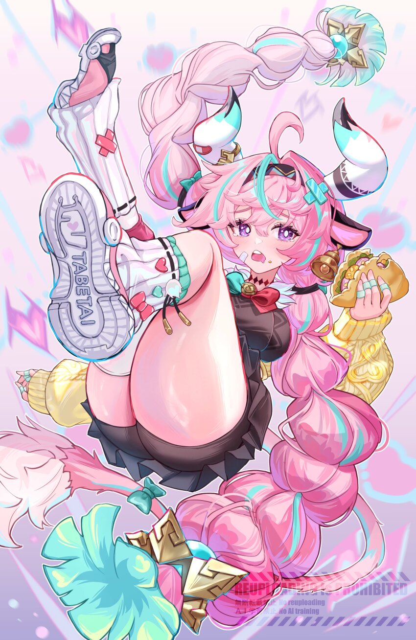 1girl absurdres animal_ears aqua_hair ass bell bike_shorts black_skirt bow braid breasts bright_pupils cow_ears cow_girl cow_horns cow_tail cowbell detached_sleeves drooling falling food genshin_impact hair_ornament hairband heart highres holding holding_food horns leg_warmers legs_up minausa mouth_drool multicolored_hair open_mouth pink_hair purple_eyes shoes single_thighhigh skirt sneakers streaked_hair taco tail teeth thick_thighs thighhighs thighs twin_braids upper_teeth_only varesa_(genshin_impact) white_leg_warmers yellow_sleeves