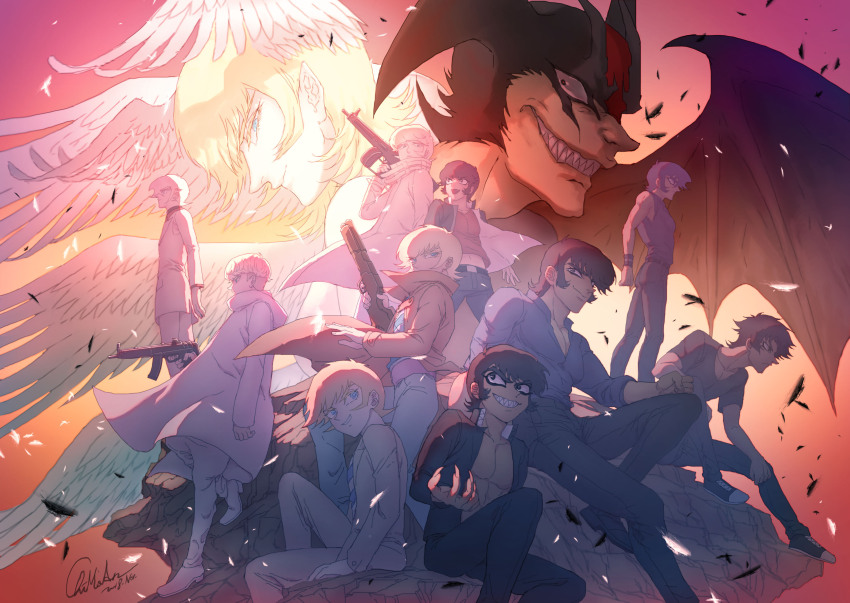 2boys absurdres angel_and_devil angel_wings assault_rifle asuka_ryou black_hair blonde_hair blue_eyes cyborg_009 cyborg_009_vs_devilman demon_boy demon_wings devilman devilman_(character) devilman_crybaby devilman_saga evil_grin evil_smile falling_feathers feathers fingernails fudou_akira grin gun head_wings highres holding holding_gun holding_weapon multiple_boys multiple_persona open_clothes rifle satan_(devilman) sharp_fingernails sharp_teeth shirt short_hair shotgun signature smile striped_clothes striped_shirt teeth undercut weapon weapon_request wings yamyanm.k
