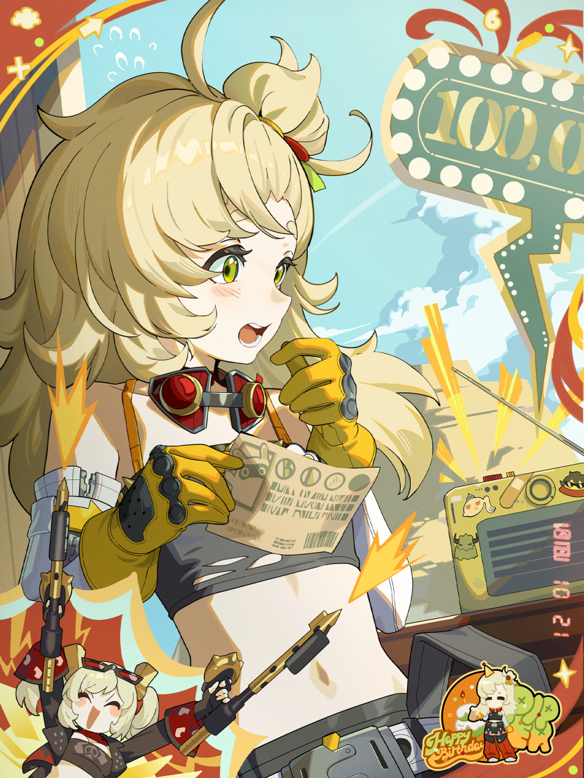 2girls bare_shoulders blonde_hair blush breasts burnice_white caesar_king_(zenless_zone_zero) cloud detached_sleeves flying_sweatdrops gloves goggles goggles_around_neck green_eyes happy_birthday highres holding holding_paper lighter_(zenless_zone_zero) long_hair luciana_de_montefio multiple_girls navel official_art open_mouth paper piper_wheel sky small_breasts stomach teeth yellow_gloves zenless_zone_zero