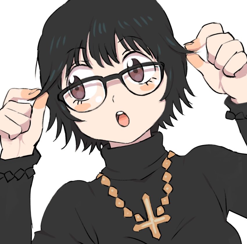 1girl :o black-framed_eyewear black_hair black_sweater blush_stickers breasts eyelashes gan2 hands_up highres hunter_x_hunter inverted_cross_necklace jewelry long_sleeves medium_breasts necklace open_mouth over-rim_eyewear purple_eyes semi-rimless_eyewear shizuku_murasaki short_hair sideways_glance simple_background solo sweater teeth turtleneck turtleneck_sweater upper_body upper_teeth_only white_background